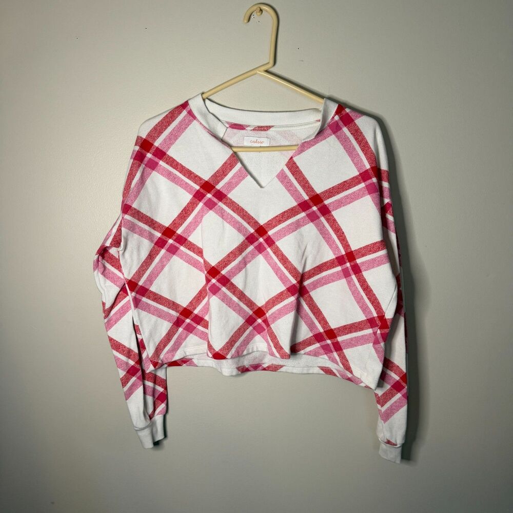 Colsie white pink plaid cropped sweatshirt womens size M valentines day v neck